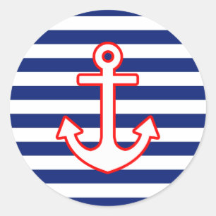 Nautical Style Anchor on Stripes Classic Round Sticker