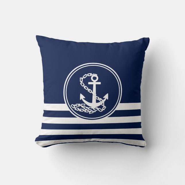 Nautical Style Blue And White, Anchor And Stripes Cushion (Front)