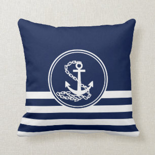 Nautical Style Blue And White, Anchor And Stripes Cushion