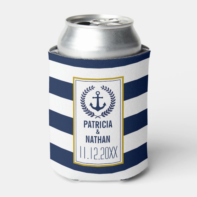 Nautical Style Navy Stripes Fun Wedding Favour Can Cooler (Can Front)