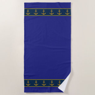 Nautical, Stylish Golden Anchors on Navy Blue Beach Towel