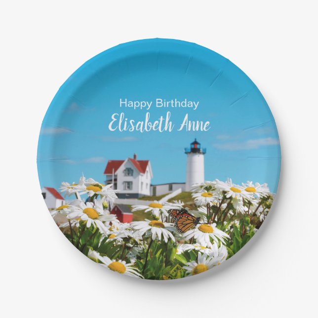Nautical Summer Birthday Nubble Maine Lighthouse Paper Plate (Front)