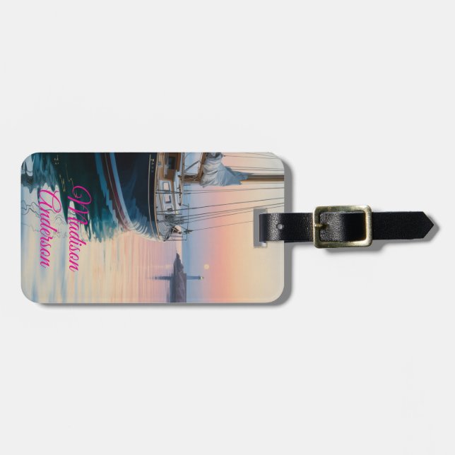 Nautical Sunset Sailboat Personalised Luggage Tag (Front Horizontal)