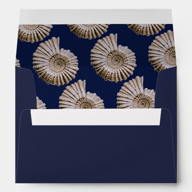 Nautical Tan Spiral Seashells & Navy Blue Envelopes (Back (Bottom))