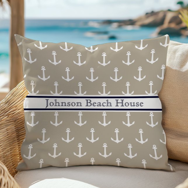 Nautical Taupe Blue White Anchor Pattern Name Cushion (Creator Uploaded)