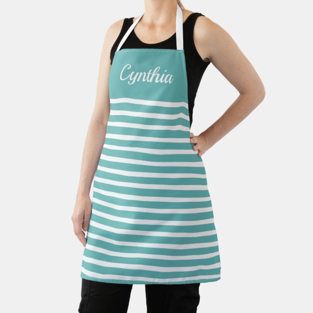 Nautical teal blue and white stripe custom kitchen apron (Insitu)