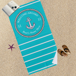 Nautical Teal Blue Boat Name Anchor Rope Striped  Beach Towel