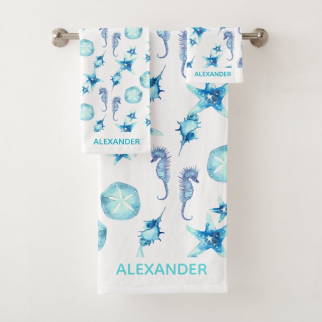 Nautical Teal Blue Coastal Sea Life  Bath Towel Set (Insitu)