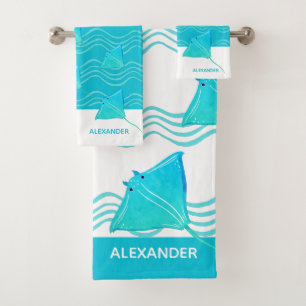 Nautical Teal Blue Manta Ray Wave Bath Towel Set
