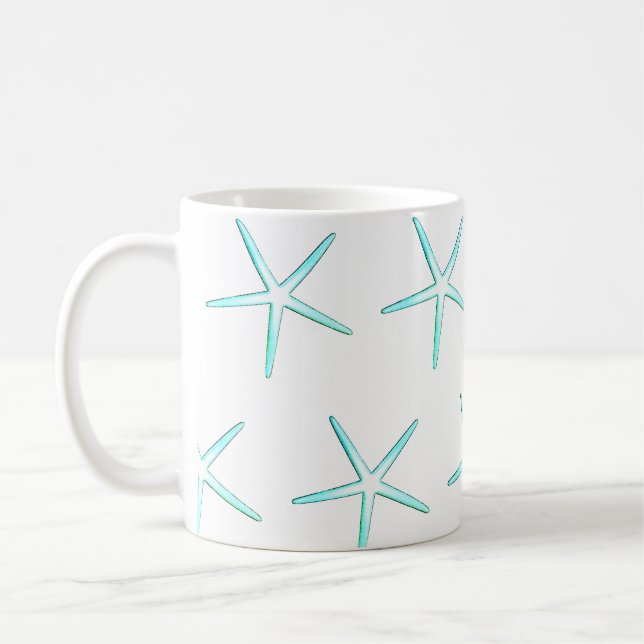 Nautical Teal Blue White Starfish Patterns Gift Coffee Mug (Left)