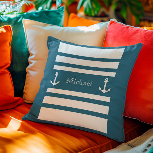 Nautical Teal Blue White Stripes Anchor Name Cushion