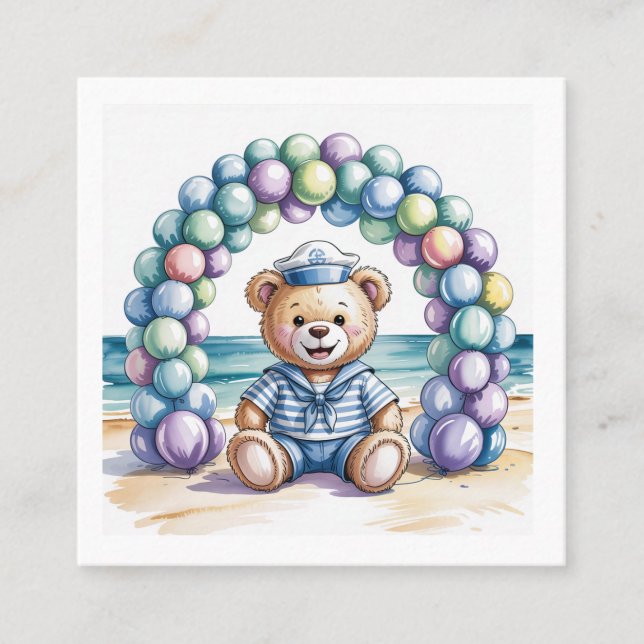 Nautical Teddy Bear Beach Baby Registry Square Business Card (Front)