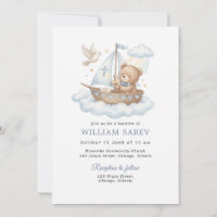 Nautical Teddy Bear Christening Blue Invitation