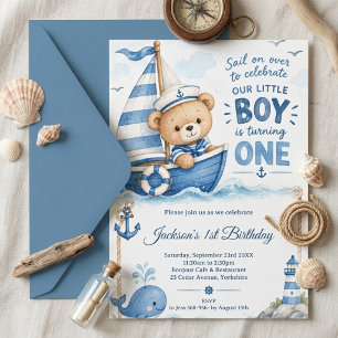 Nautical Teddy Bear Sailboat 1st Birthday Invitation