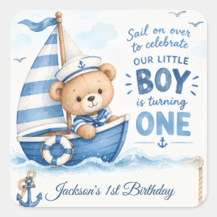 Nautical Teddy Bear Sailboat 1st Birthday Square Sticker