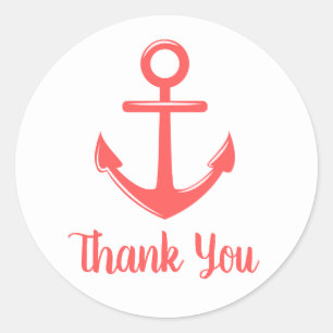 Nautical Thank You Anchor Pink Red Coral Wedding Classic Round Sticker