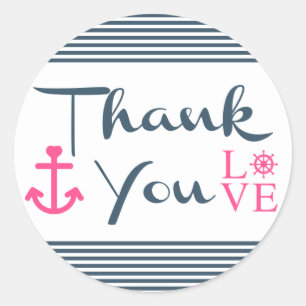 Nautical Thank You Blue Stripes Anchor & Pink Love Classic Round Sticker