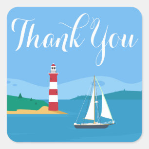 Nautical Thank You Lighthouse & Sailboat Blue Square Sticker