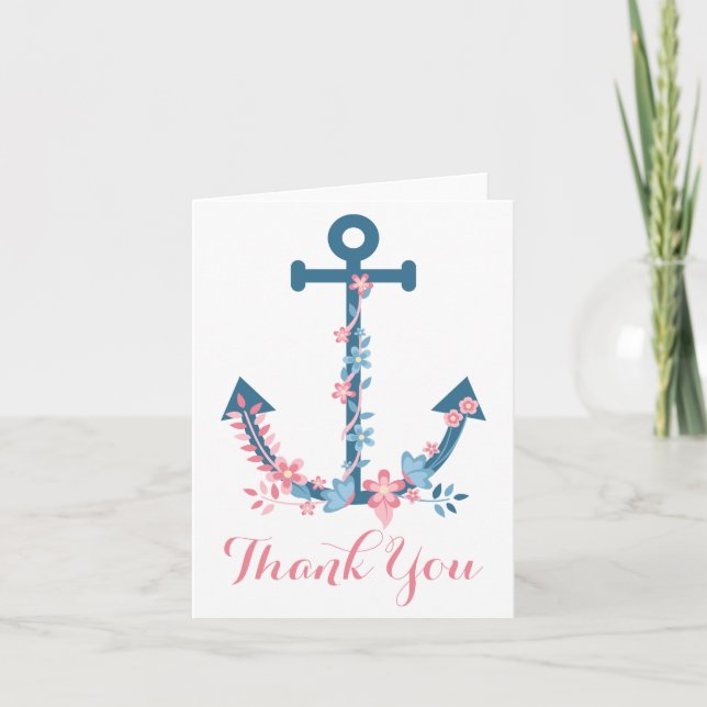 Nautical Thank You Ship Anchor Pink & Blue Floral Card (Front)