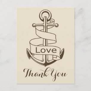 Nautical Thank You Tan Brown Ship Anchor Wedding Postcard