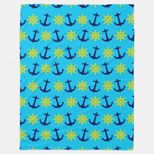 Nautical Theme Anchor and Wheel Pattern Fleece Blanket (Front)