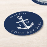 Nautical Theme Anchor Custom Monograms Navy Round Paper Coaster<br><div class="desc">Nautical style dinner coasters for your next bridal shower,  couple shower,  or nautical themed wedding party event.</div>