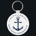 Nautical Theme Anchor Custom Navy Key Ring<br><div class="desc">A fully customisable and fun keychain with a unique nautical theme. It features an anchor centred in the middle in a vibrant navy and white colour scheme. Your unique text details circle around the outer edges. All elements are on unlocked and adjustable, so have fun creating and making it your...</div>