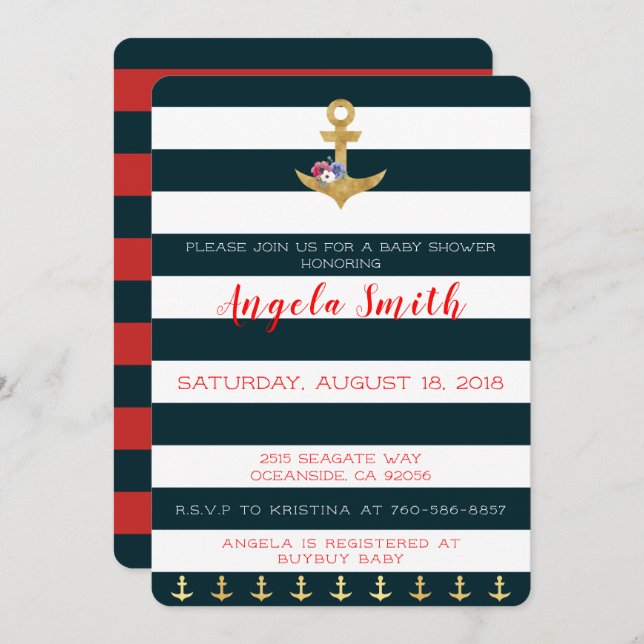 Nautical Theme Baby Shower Anchors Away Striped Invitation (Front/Back)