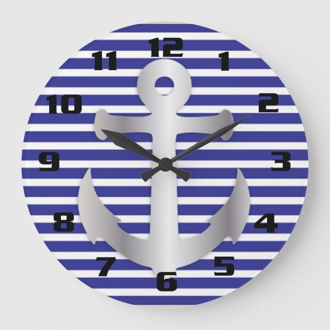 Nautical Theme Blue Stripes Pattern Anchor Large Clock (Front)