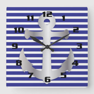 Nautical Theme Blue Stripes Pattern Anchor Square Wall Clock