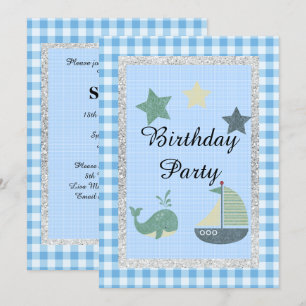 Nautical theme Blue White Check Birthday Party Invitation