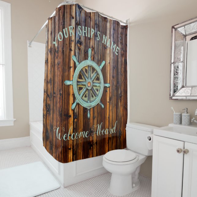 Nautical Theme Bronze Captains Wheel Shower Curtain (In Situ)