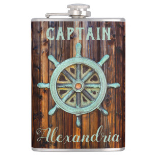 Nautical Theme Bronze Captains Wheel Tall Hip Flask