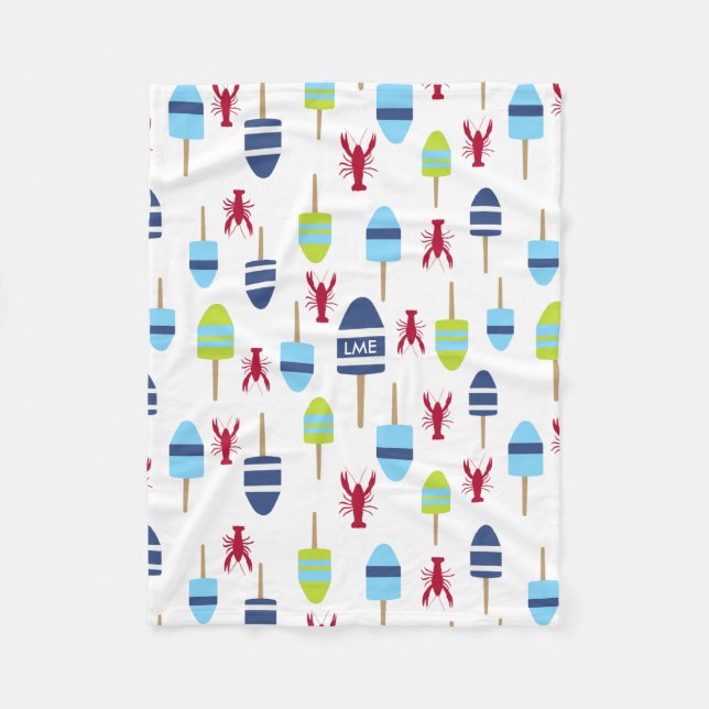 Nautical Theme Buoy and lobster monogrammed Fleece Blanket (Front)