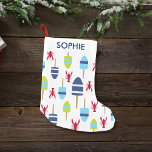 Nautical Theme Buoy and lobster monogrammed Small Christmas Stocking<br><div class="desc">Nautical blue, white and green buoys and red lobsters create a cute, fun, colourful pattern for your beach house, cottage or camp - also great for nautical themed gifts. Personalise this coastal design with your family monogram or initials. A perfect pattern for a summer house by the coast or your...</div>