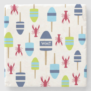 Nautical Theme Buoy and lobster monogrammed Stone Coaster