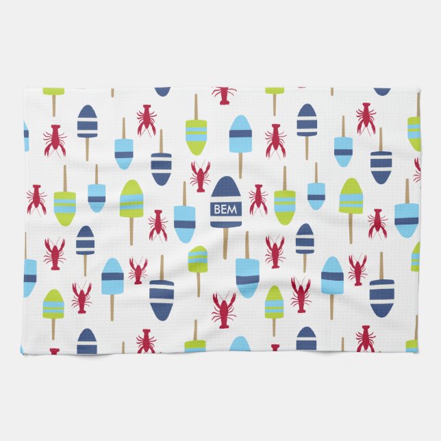Nautical Theme Buoy and lobster monogrammed Tea Towel (Horizontal)