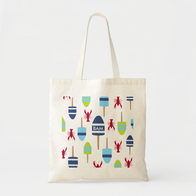 Nautical Theme Buoy and lobster monogrammed Tote Bag (Front)
