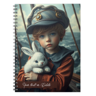 Nautical theme child holding his bunny toy custom notebook