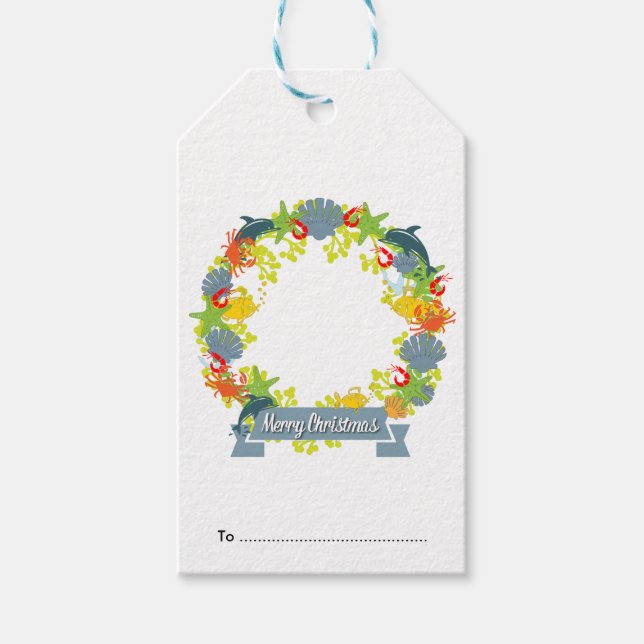 Nautical Theme Christmas Wreath Gift Tag - Coastal (Front)
