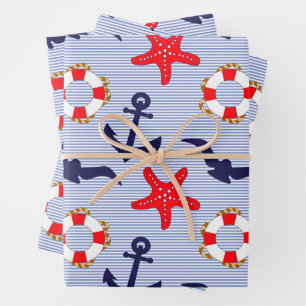 Nautical Theme - Lifebuoy, Starfish, Anchor Wrapping Paper Sheet