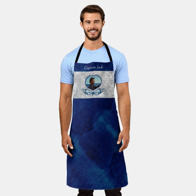 Nautical-theme Navy Blue Photo  Shells Watercolor  Apron (Worn)
