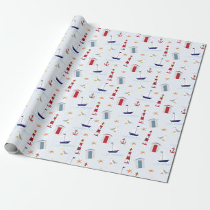 Nautical theme Pale Blue Red Yellow Pattern Wrapping Paper