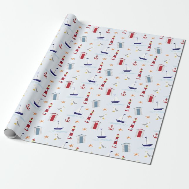 Nautical theme Pale Blue Red Yellow Pattern Wrapping Paper (Unrolled)