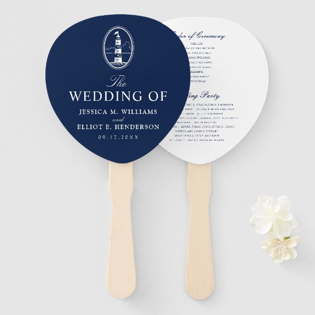 Nautical Theme Wedding Lighthouse Custom Navy Hand Fan (Front and Back)