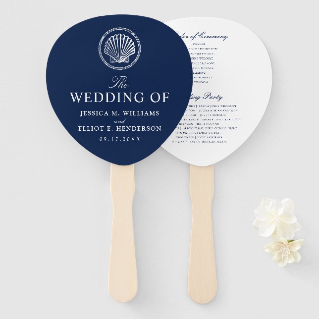 Nautical Theme Wedding Seashell Custom Navy Hand Fan (Front and Back)