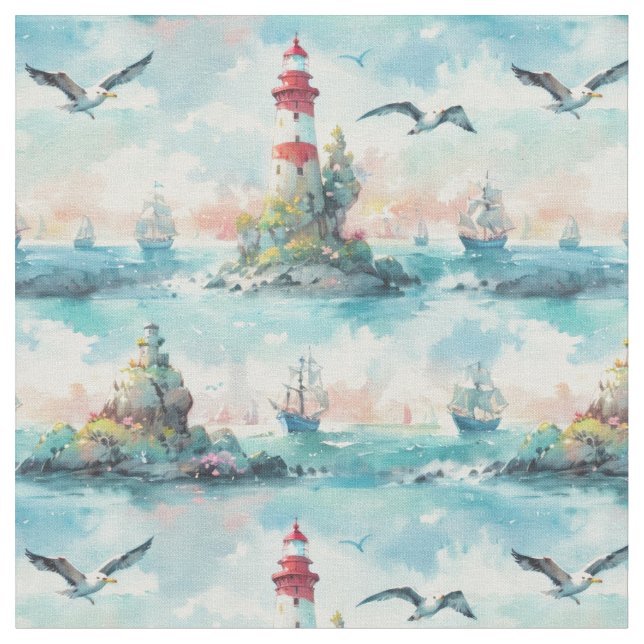Nautical theme with a lighthouse and birds fabric (Close Up)