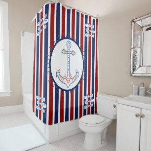Nautical Themed Anchor Fish Sailing Blue Red White Shower Curtain