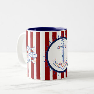 Nautical Themed Anchor Fish Sailing Blue Red White Two-Tone Coffee Mug