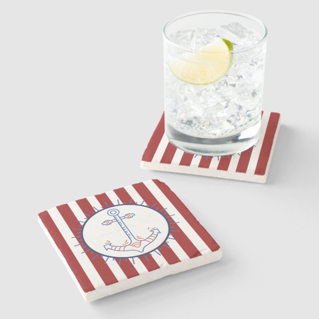 Nautical Themed Anchor Sailing Blue Red White Stone Coaster (Side)